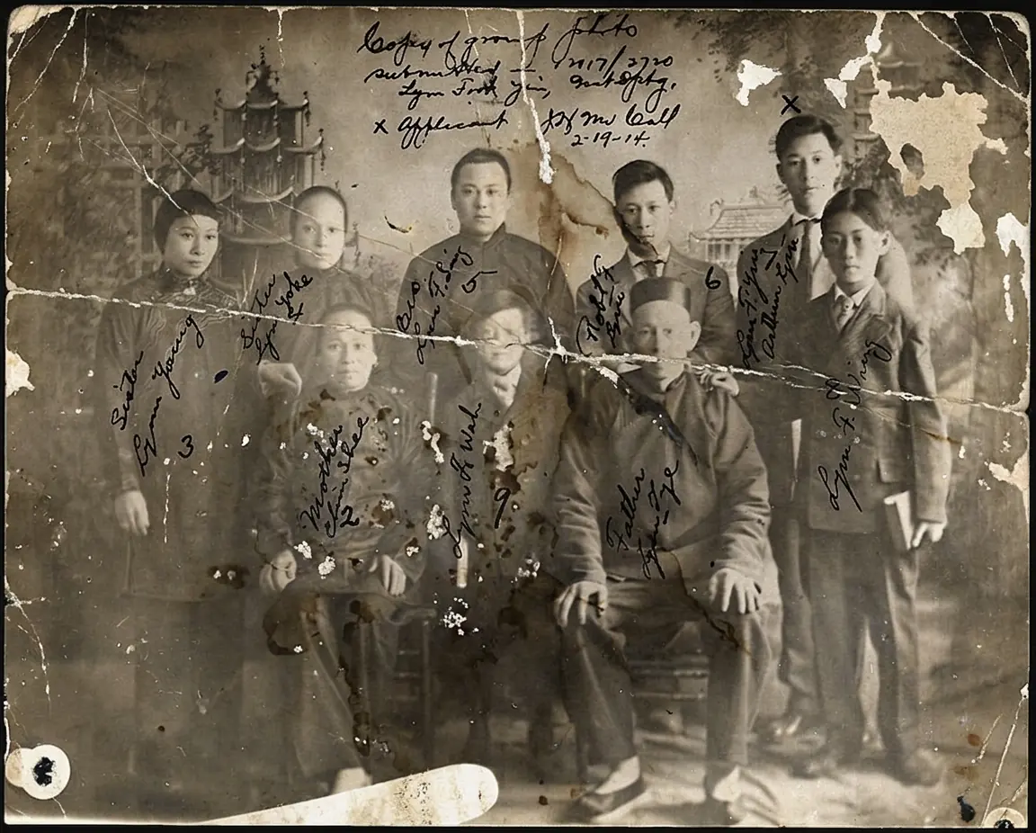 A family group portrait from 1914, torn and covered in stains - the damage repaired, the handwritten notes kept exactly as they were, the clothes in color