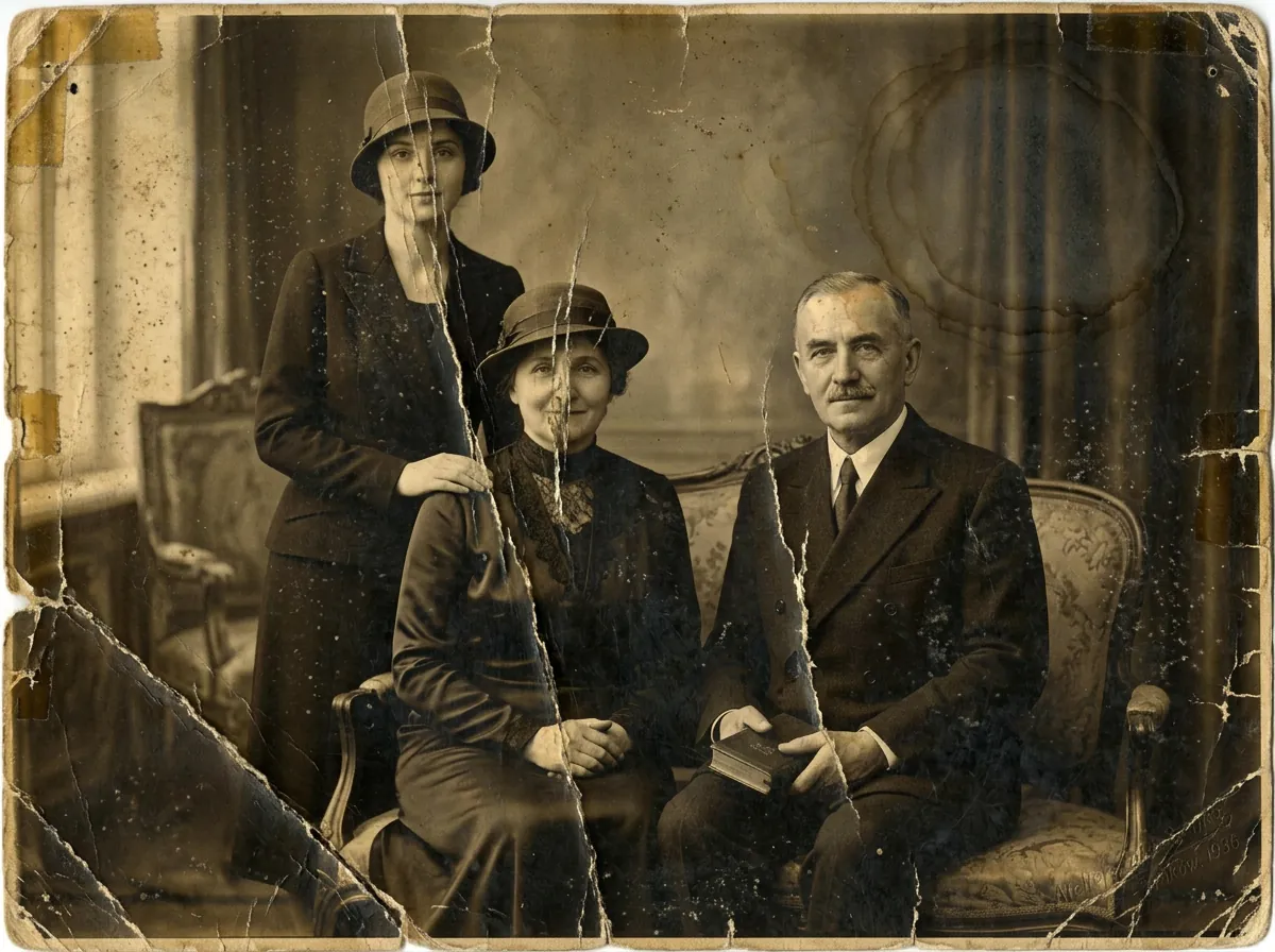 Family portrait from 1936 with heavy creases, tears and stains - repaired and cleaned, the faces untouched