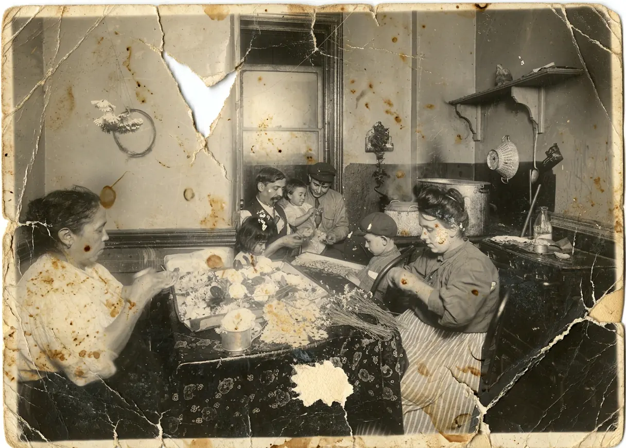A family making paper flowers at the kitchen table - a hole torn out of the print and heavy staining repaired, the flowers back in color