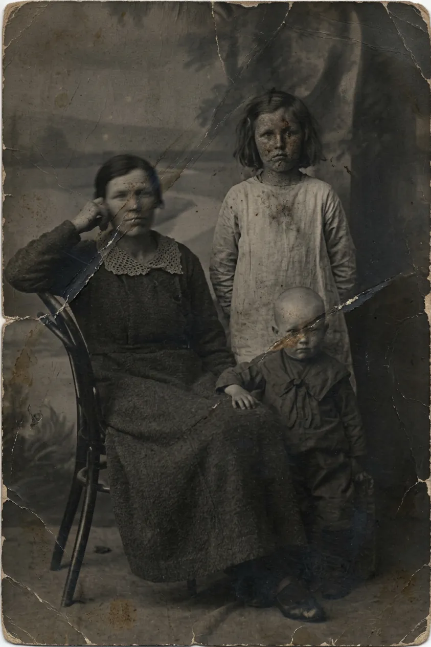 A mother with two children on a cracked, stained photo - the damage removed and the detail brought back