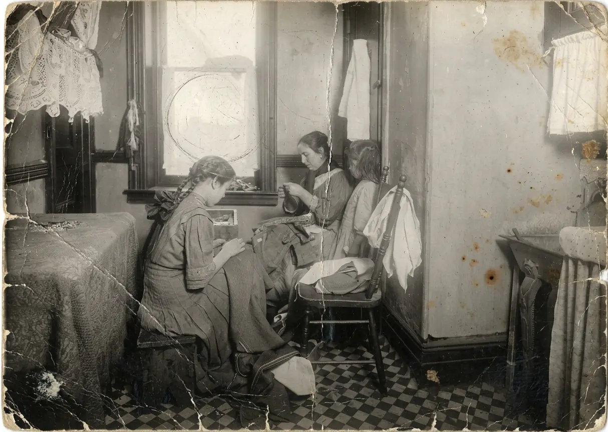 Three women sewing by a tenement window - deep cracks and stains removed and the room brought back in color